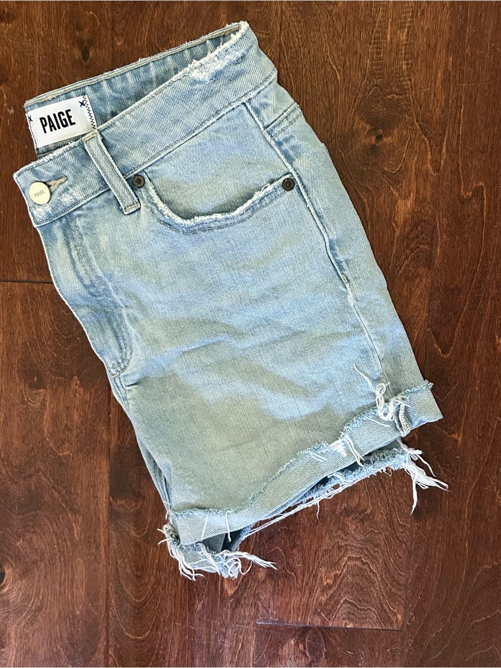 PAIGE Light Blue Frayed Hem Denim Shorts